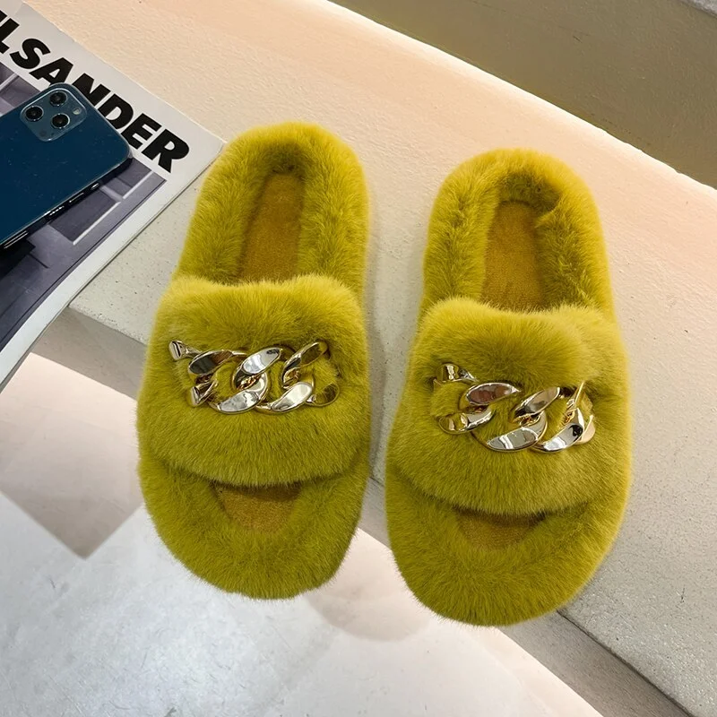 Summer Fluffy Women slippers Gold Chain Fur slippers Shoes Women Fox Fur Flip Flop Flat Furry Fur Slides Outdoor Sandals Woman