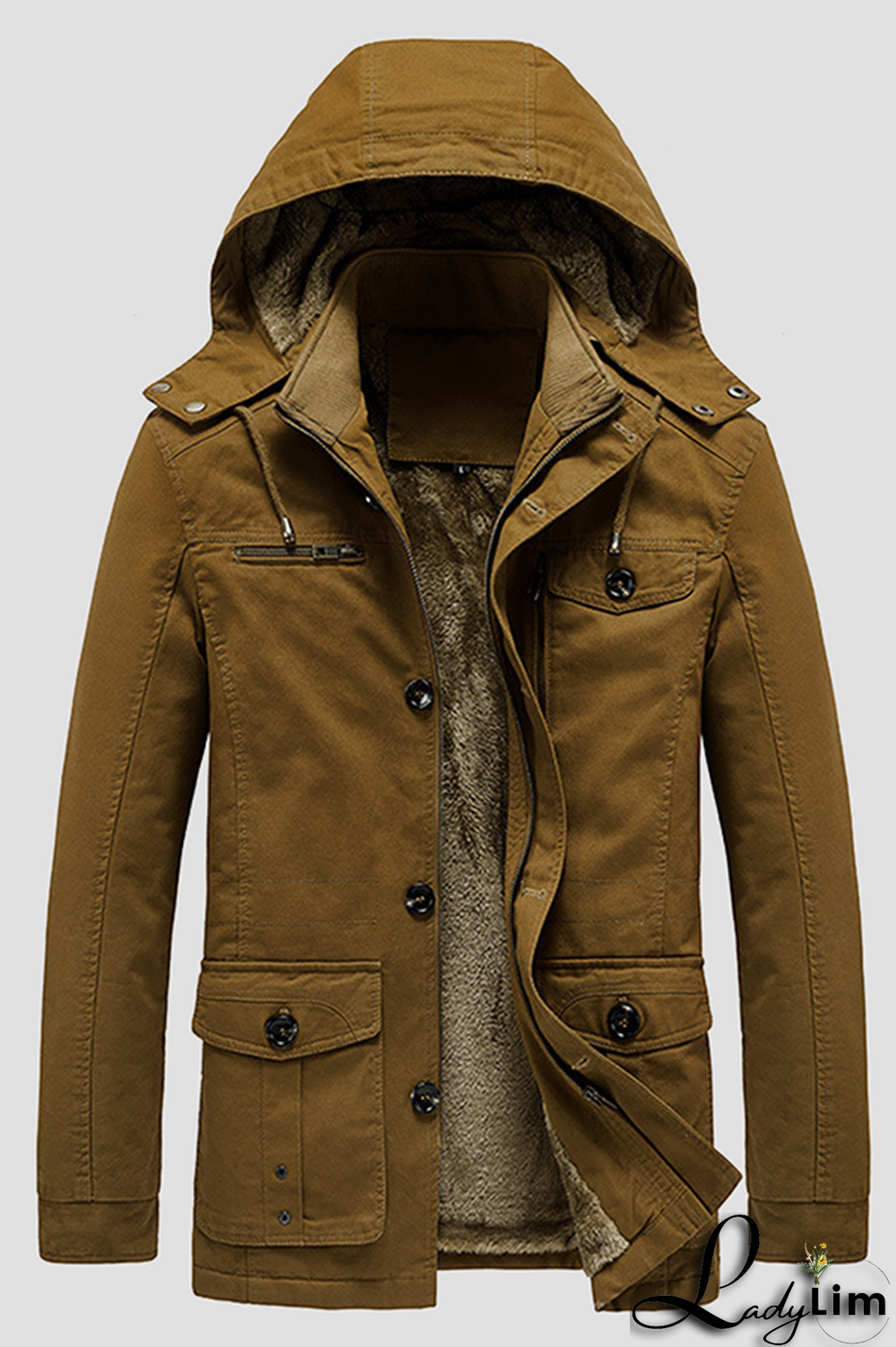 Earth Yellow Casual Solid Pocket Buckle Hooded Collar Outerwear