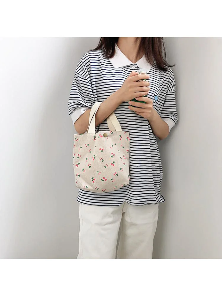 Canvas Handbag Women Floral Shopping Tote Lunch Bucket Bag (4 Beige Cherry)