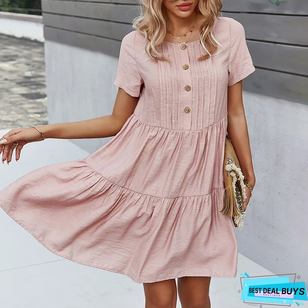 Women's Solid Color Dress Spring and Summer Short Sleeve Cotton Skirt