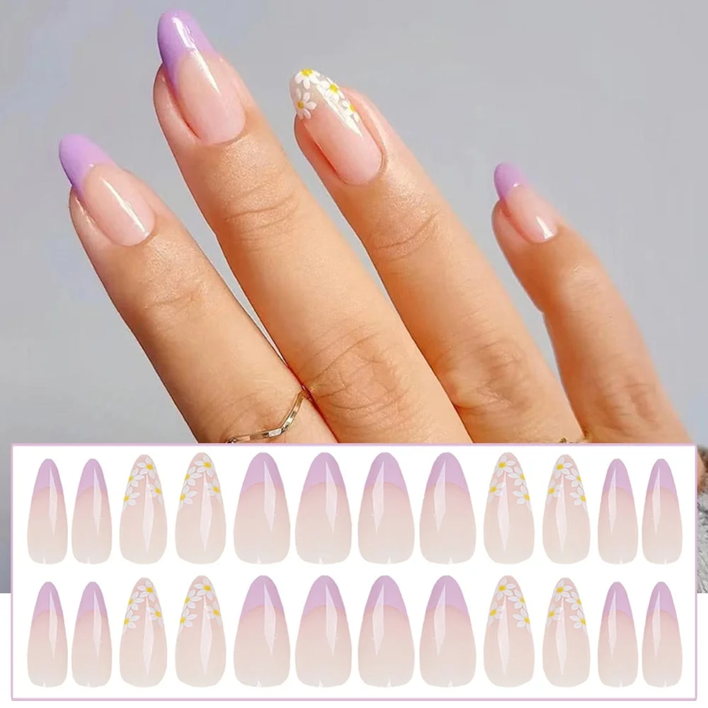 24pcs Point Head False Nails Tips Press On Nail with Heart Print Design Girl DIY Nail Patch Removable French Style Fake Nails-Nail Inspo