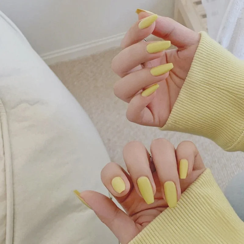 24pcs/box Full Cover fake Press on Nails Matte Yellow Pure Acrylic Frosted Ballerina acrylic for nails for Women free shipping-Nail Inspo
