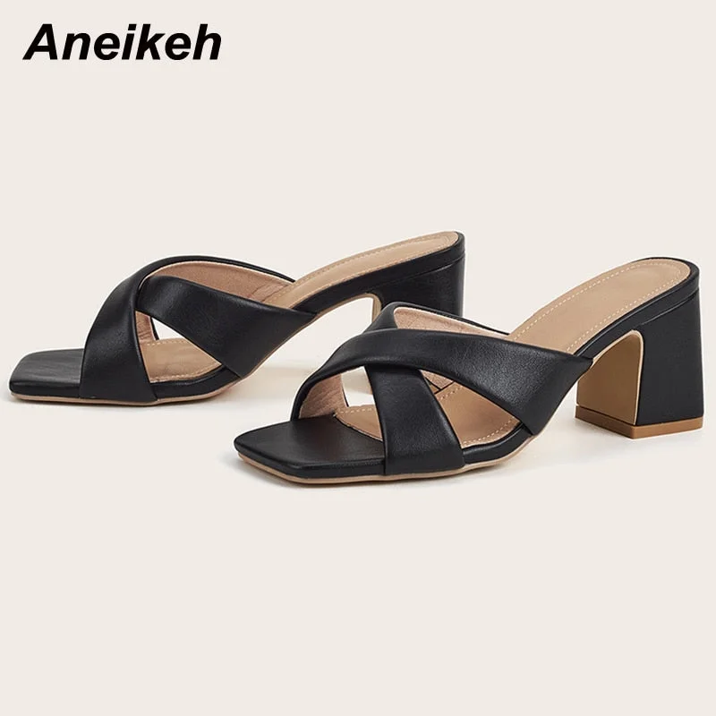 Aneikeh 2021 NEW PU Women's Shoes Summer Head Peep Toe Square Heels Slippers Concise Solid Shallow Party Fashion Leisure Neutral