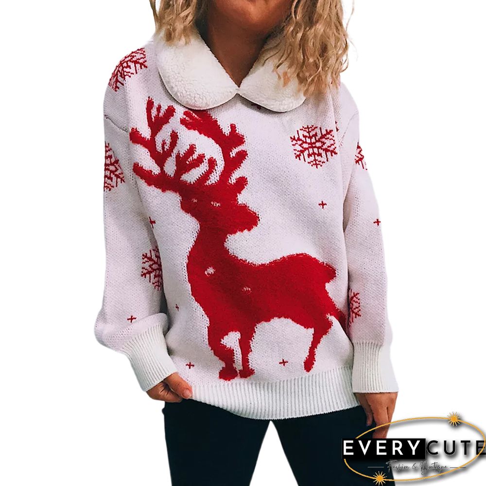 White Lapel Collar Deer Snoflake Print Christmas Sweater