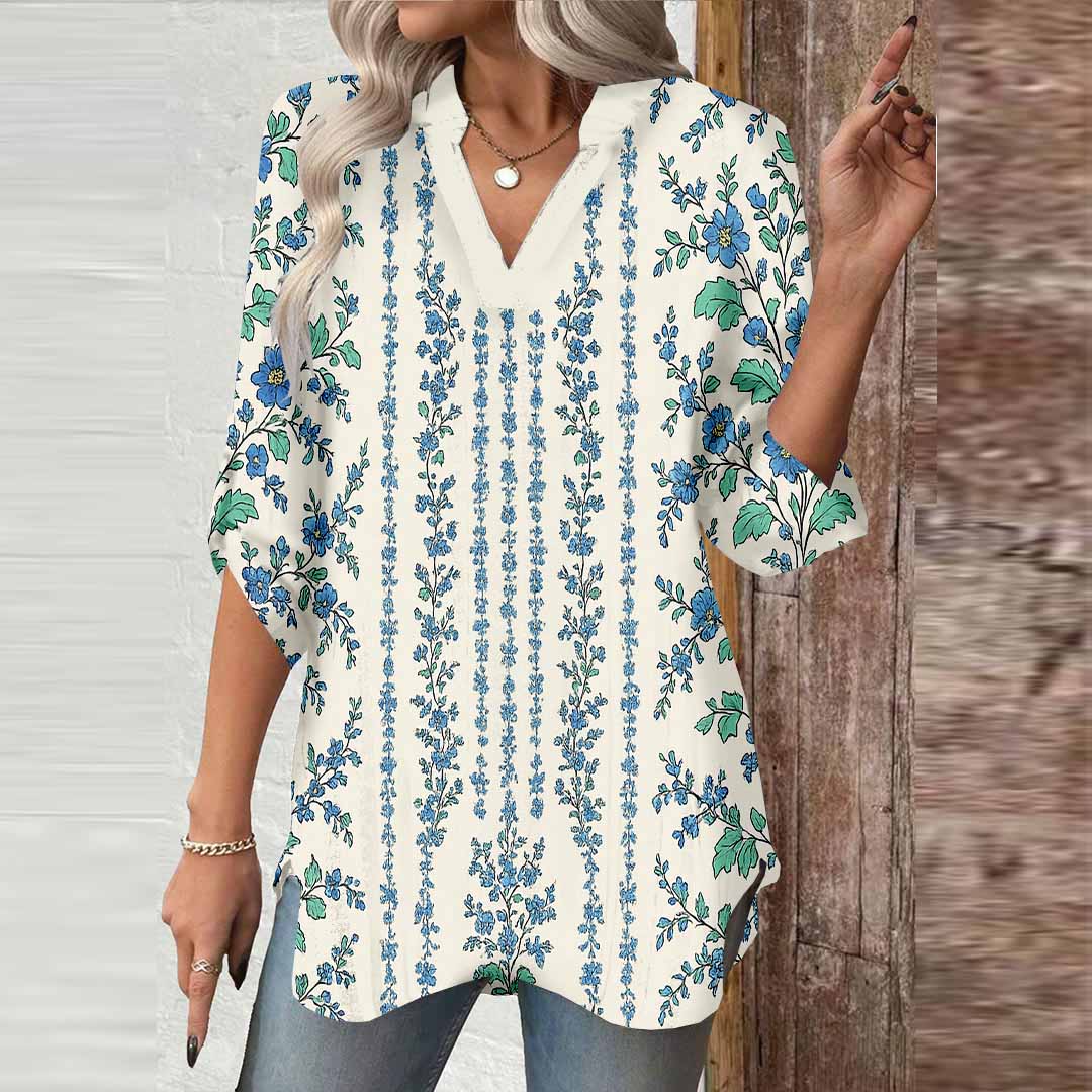 Women Floral, Beige, Blue DZGA0132 3/4 Sleeve V-neck Printed Graphic Button Tops