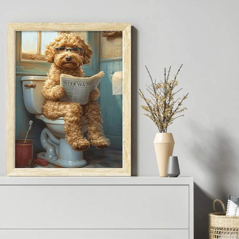 11CT Full Stamped Cross Stitch - Puppy Reading Newspaper In Toilet (40*50cm)
