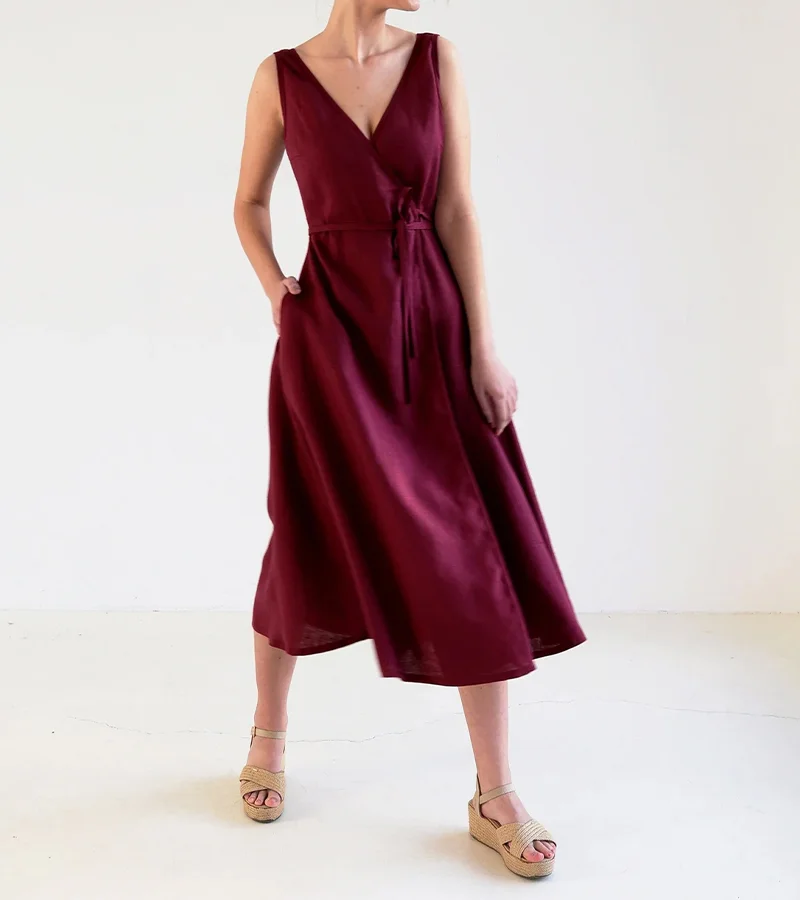 Burgundy Solid Color Linen Wrap Dress