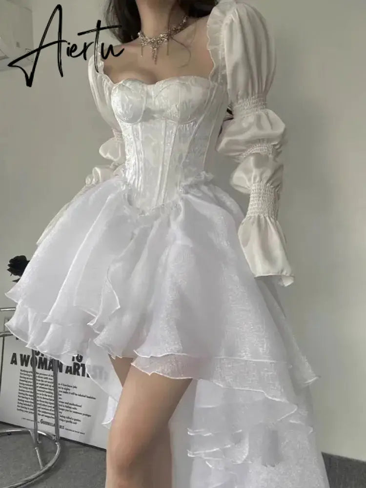 Aiertu 2024 Summer Pure Color Fairy Midi Dress Women White Elegant Evening Party Dress Beach Casual Long Sleeve Korean Fashion Dress Aiertu