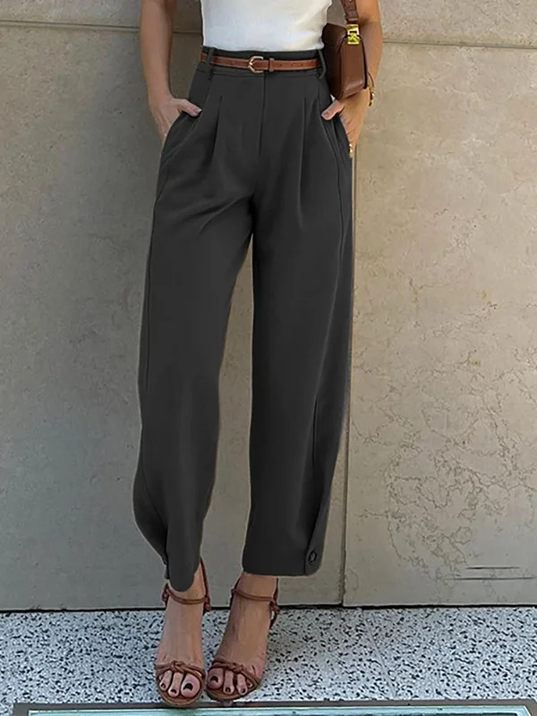 High Waisted Loose Buttoned No Belt Pleated Pockets Suit Pants