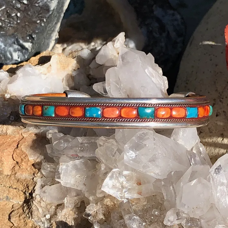 Sterling Silver Leather and Turquoise Spiny Oyster Row Bracelet by Charlie Favour