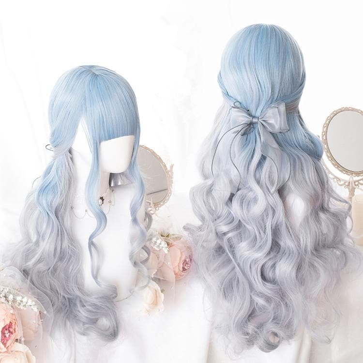 Pastel Blue Grey Lolita Long Curl Wig SP13929