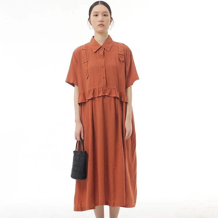 Vintage Solid Color Turn-down Collar Striped Fungus Edge Decor Short Sleeve Dress