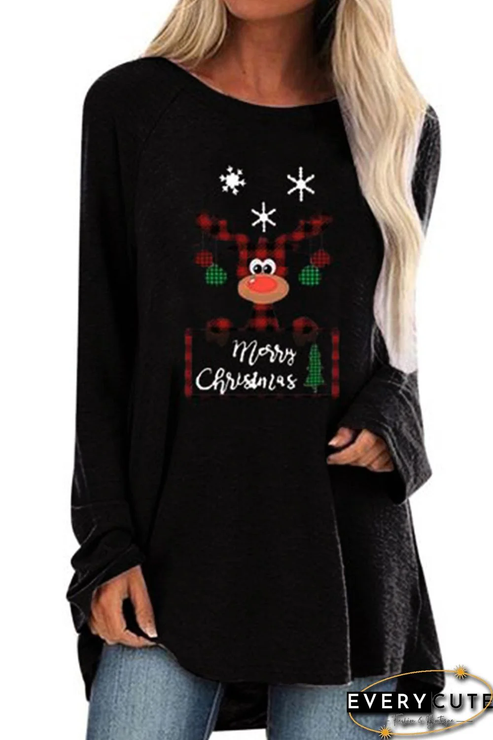 Black Crew Neck Elk Print Christmas Tunic Top