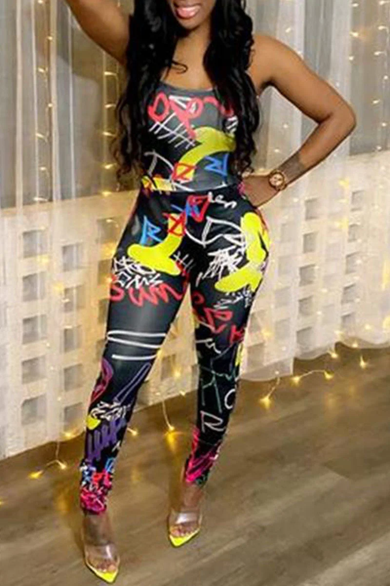 Sexy Print Hollowed Out Graffiti Split Joint Halter Skinny Jumpsuits