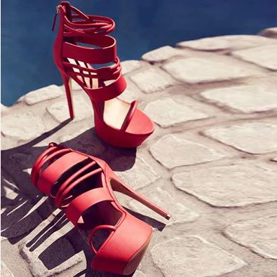 Coral Red Strappy Stiletto Platform Sandals Vdcoo