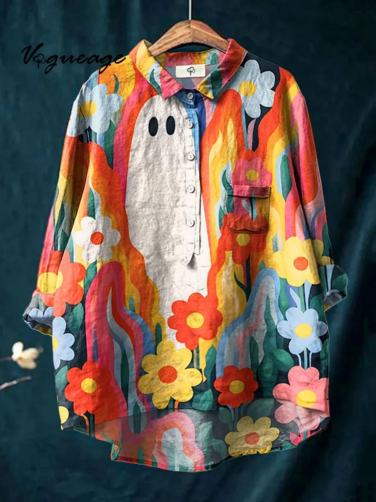 A Shy Ghost Hiding In The Flowers Printed Cotton And Linen Shirt