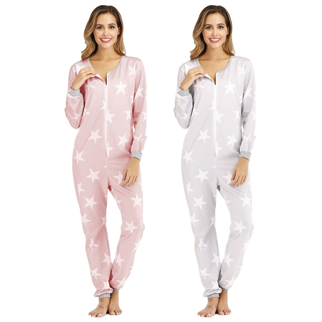 Women's Multi-Coloured Star Print Zipper Onesie Pajamas One-Piece  Jumpsuit Union Suit Adult-Pajamasbuy