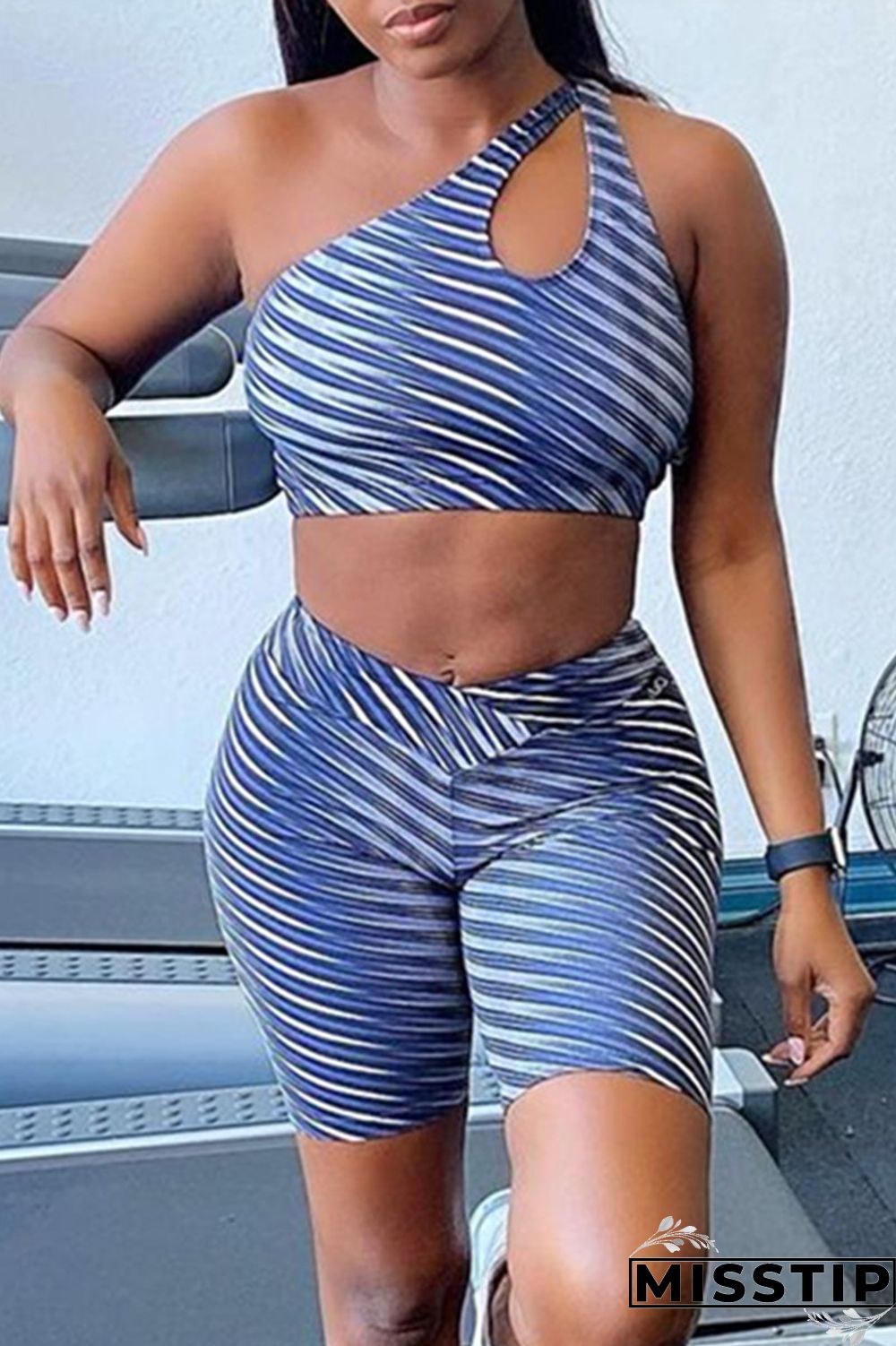 Light Purple Sexy Sportswear Print Hollowed Out Backless One Shoulder Sleeveless Two Pieces
