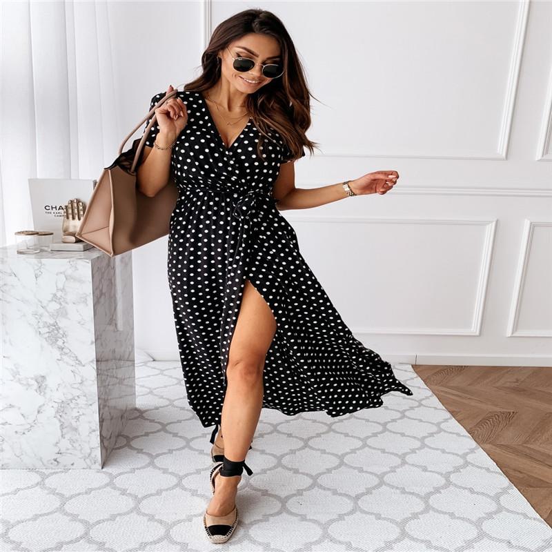 Mature Women V-neck Print Dress Long Skirt