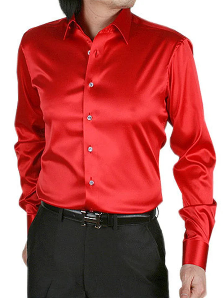 Men's Button Up Shirt Dress Shirt Collared Shirt Prom Shirt Satin Silk Shirt Black White Red Long Sleeve Plain Turndown Spring, Fall, Winter, Summer Wedding Party Clothing Apparel Button-Down-Cosfine