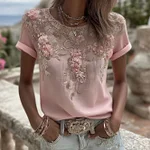 Women's Vintage Pink Rose Embroidery Art Round Neck Short Sleeve Linen Blend T-shirt - Image 2