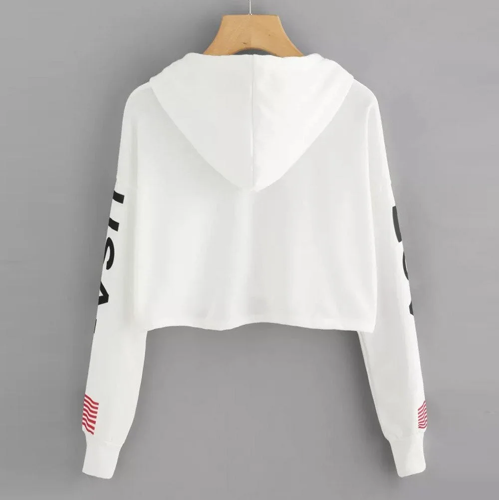 Womens Hoodies USA Long Sleeve O Neck Hoodie Letter Printed Sweatshirt Pullover Crop Tops Autumn Winter Femme Loose White Hoodie