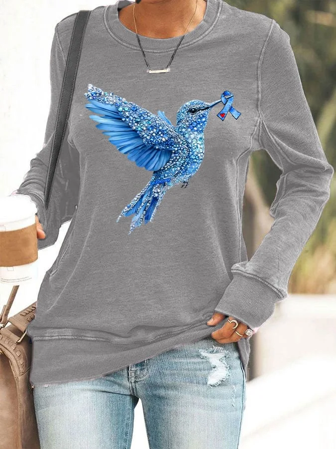 Women's Diabetes Awareness Hummingbird Ribbon Print Sweatshirt socialshop