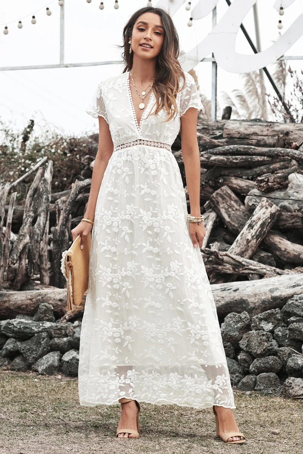 Buzzdaisy V Neck Lace Maxi Dress