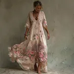 Boho Pink Roses Embroidered Lace Patchwork Linen Maxi Dress - Image 2