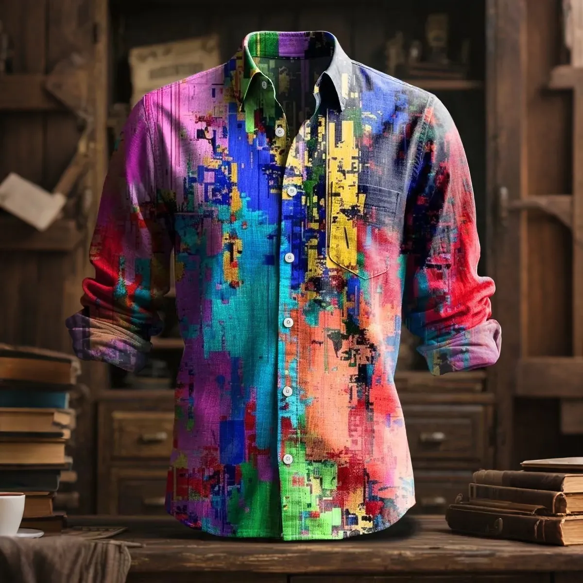 Men's Retro Resort Color Block Print Collared Long-sleeve Cotton Linen Shirt  artssus