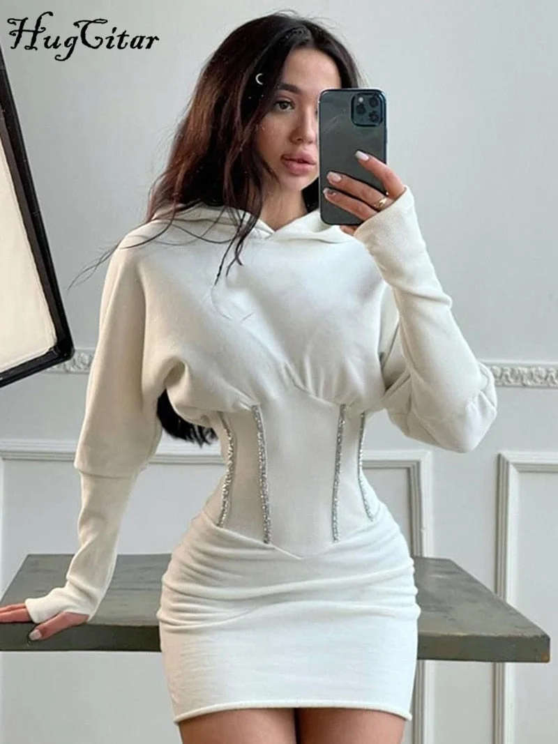 Hugcitar Solid Hooded Long Sleeve Corset Patchwork Sexy Women Skinny Mini Dress 2021 Summer Fall Streetwear Outfits Y2K