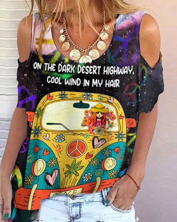 🔥kukelife🔥Hippie Car Print Cold Shoulder T-Shirt