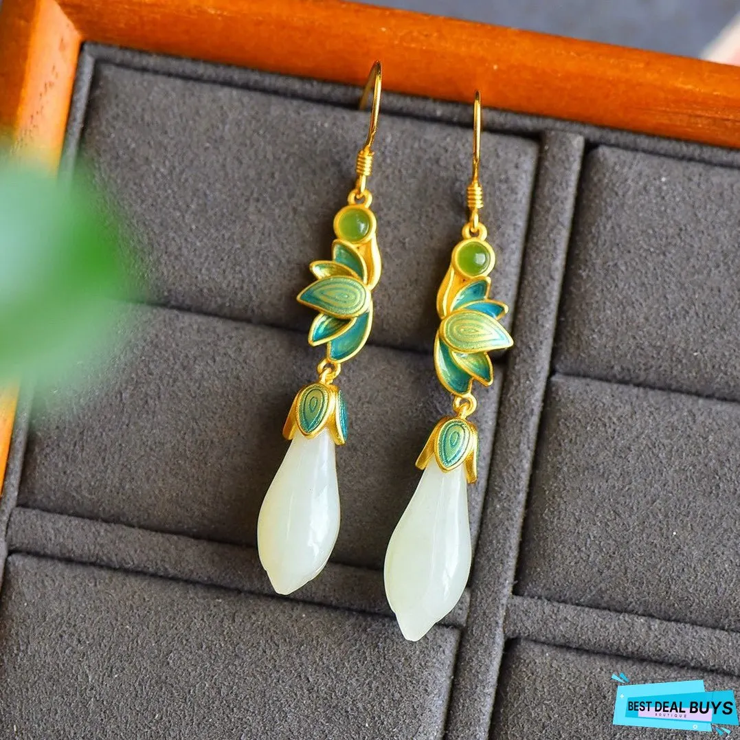 925 Silver Plated Magnolia Flower White Jade Retro Palace Style Long Women's Earrings