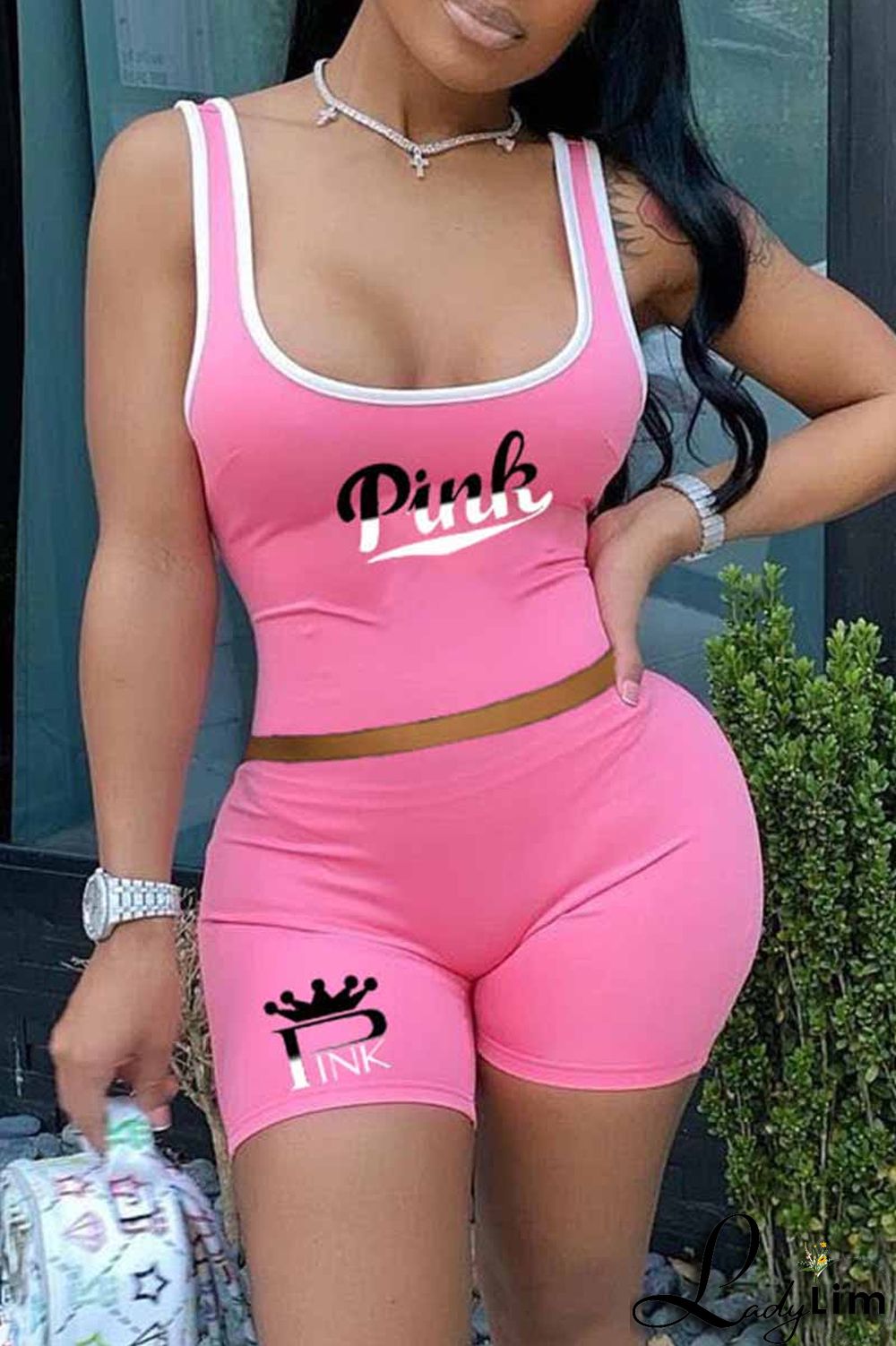 Pink Casual Print Letter U Neck Sleeveless Two Pieces