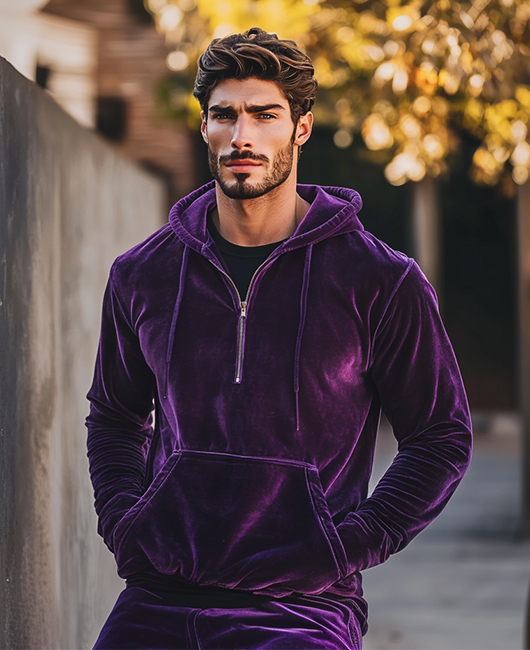 Okaywear Casual Velvet Half Zip Pocket Hoodie