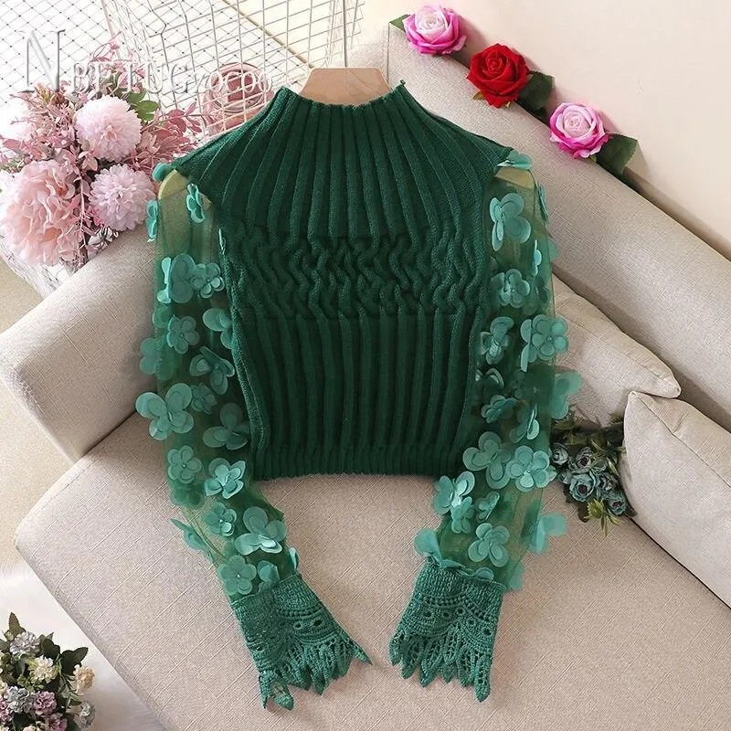 Fairy Flower Puff Sleeve Women Sweater Slim Short Style Patchwork Round Neck Knitting Female Sweaters