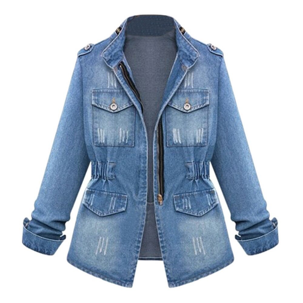Womens Blue Denim Jacket Turn-down Collar Chain Jeans Jacket pocket Coat Oversize Coats Jeans Jackets Women Outerwear Coats 2021