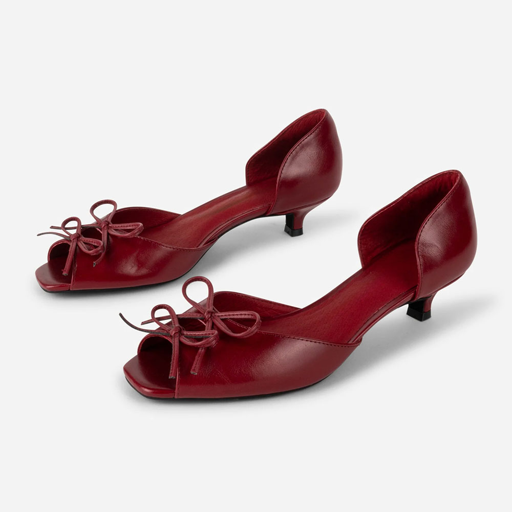 Classic Burgundy Kitten Heel Peep Toe Double Bow Pumps Shoes Nicepairs