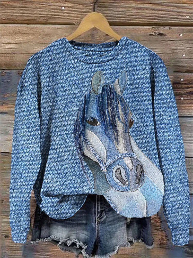 VChics Western Denim Horse Pattern Cozy Sweatshirt