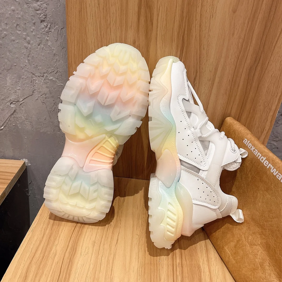 2021 Summer Sneakers Women Thick Bottom Luxury Chunky Sneakers Round Toe Rainbow Color Breathing Leisure Female Vulcanize Shoes