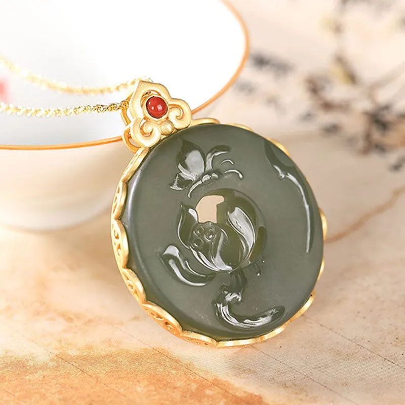 Cyan Jade Lotus 925 Sterling Silver Round Butterfly Luck Necklace Pendant