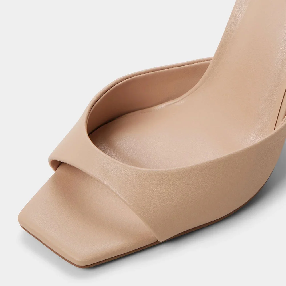 Women's Vegan Leather Square Toe High Heel Ankle Strap Nude Sandals