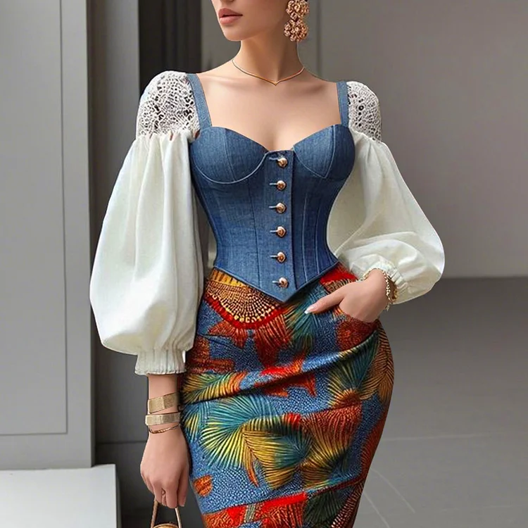 Vintage Denim Square Neck Lace Puff Sleeve Button Corset Top