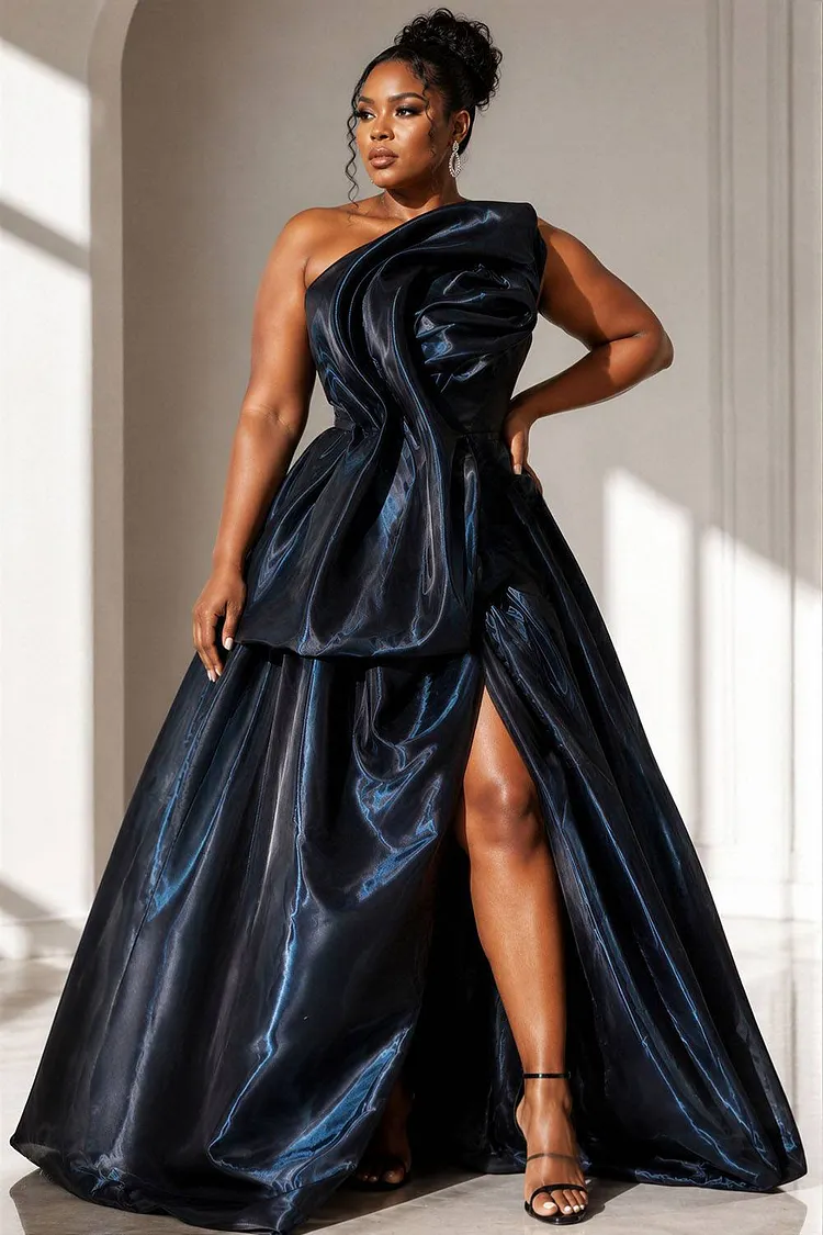 Xpluswear Design Plus Size Formal Blue One Shoulder 3D Split Satin Maxi Dresses [Pre-Order] 2024 - Xpluswear