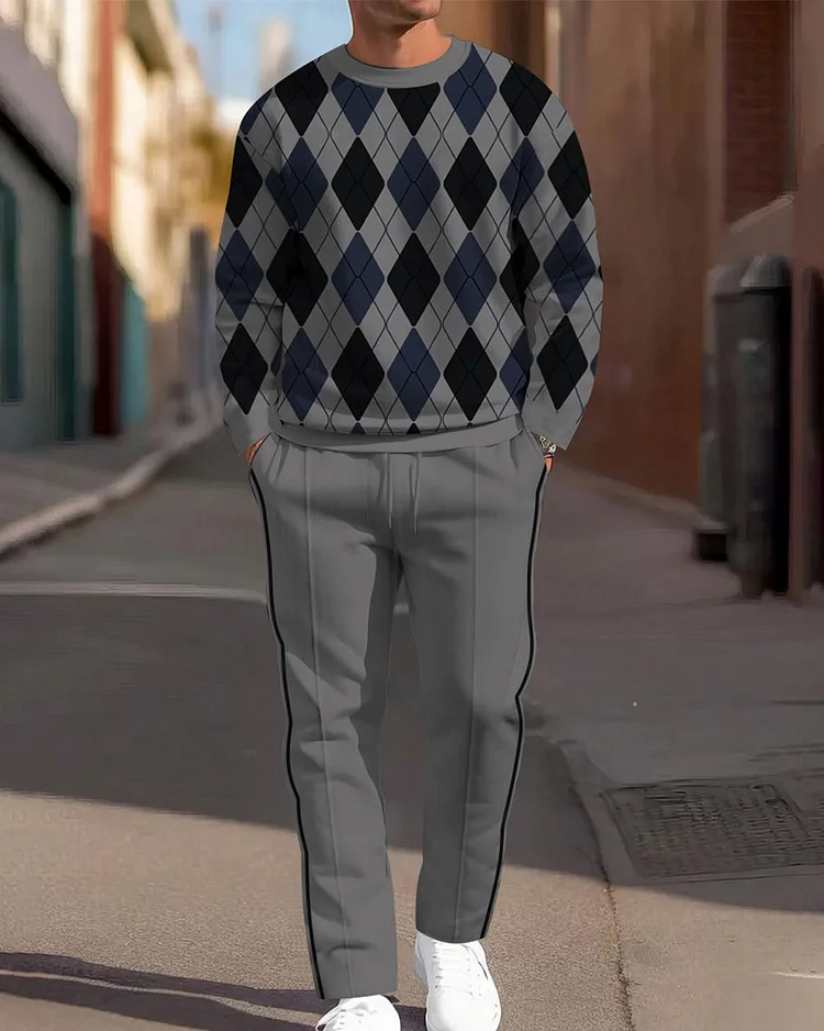 Men's Simple Grey Diamond Geometric Print Round Neck Sweatshirt Two-piece Set