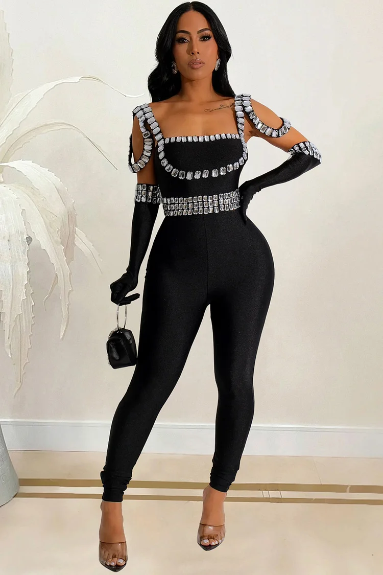 Rhinestone Embellished Straps With Gloves Jumpsuit-Black