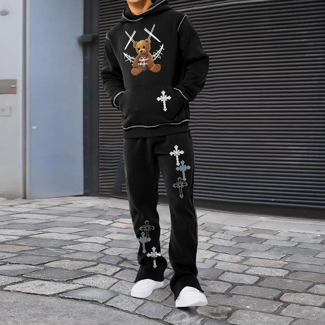 Bear Retro Print Street Hip Hop Long Sleeve Suit