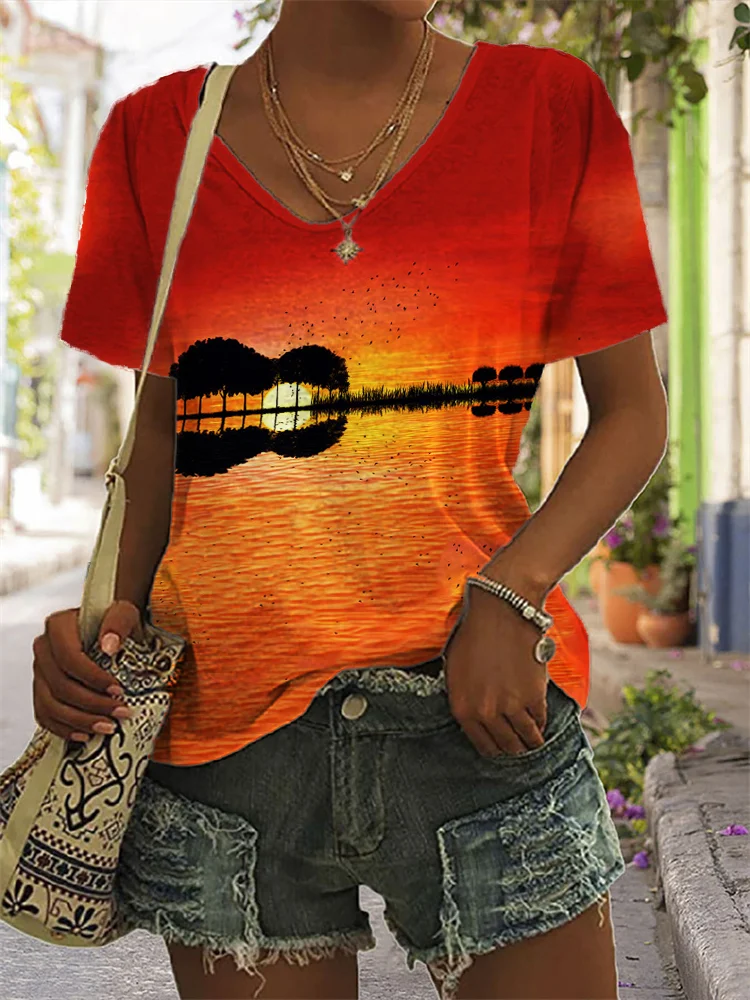 Guitar Inspired Sunset Reflection V Neck T Shirt