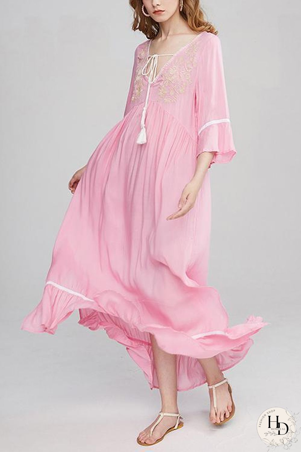 Embroidery Flares Sleeve Maxi Dress