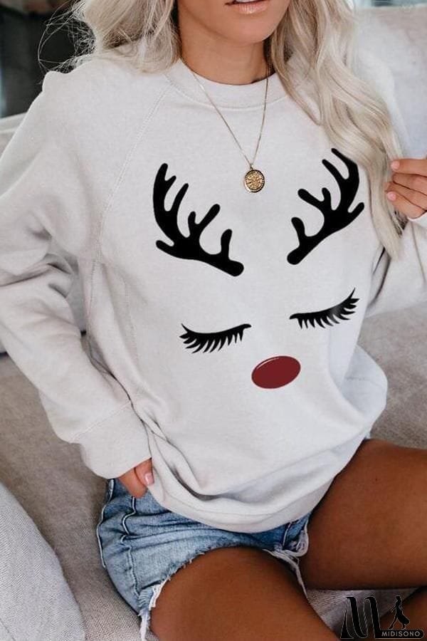 MidiSono - Elk Print Round Collar Sweatshirt